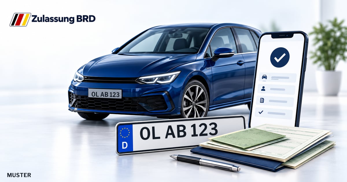 Online Fahrzeugzulassung in Wildeshausen: Musterkennzeichen OL AB 123, Auto und Fahrzeugpapiere und Smartphone. Illustration mit Logo von Zulassung BRD.